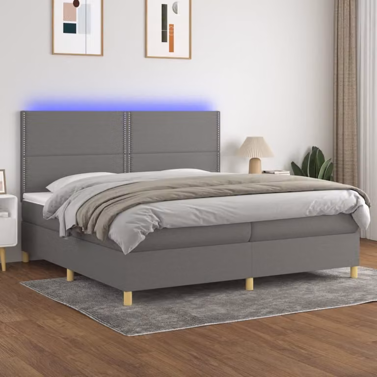 The Living Store Letto a molle con materasso e LED in tessuto grigio scuro 200x200 cm