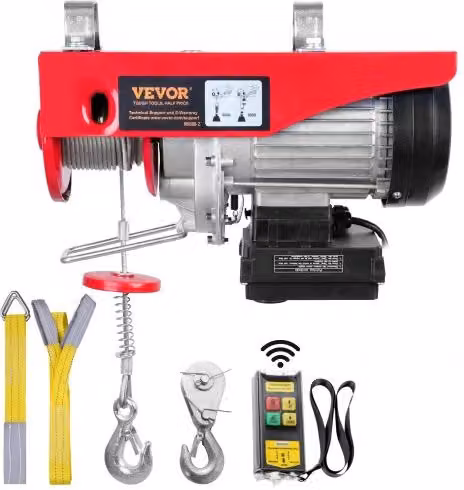 Paranco Elettrico VEVOR da 400 kg con Motore da 850 W, Telecomando Senza Fili con Portata 10 m e Altezza di Sollevamento 12 m, Colore Rosso