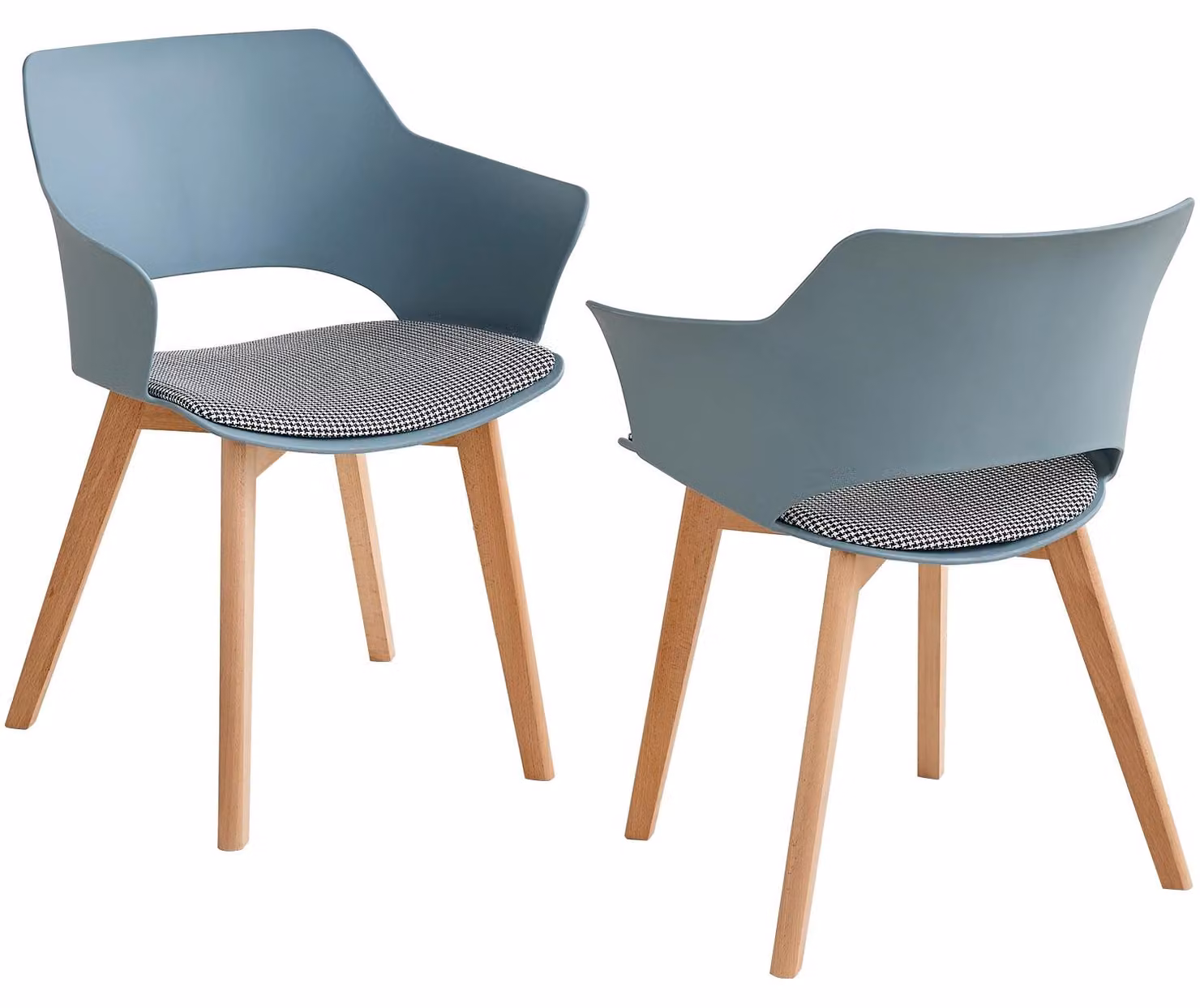 Set di 2 sedie da pranzo in stile scandinavo - Sedia in plastica con braccioli - Gambe in legno massello - Seduta imbottita in tessuto - Adatta per cucina, sala da pranzo, ufficio - Colore blu