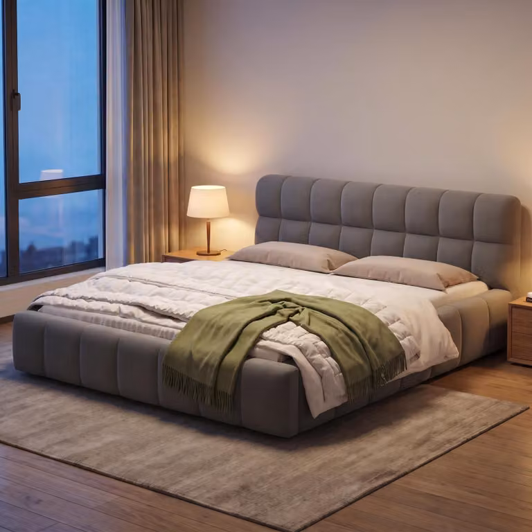 Letto imbottito INONEFT Bubble, 140x200 cm, letto matrimoniale a basso profilo con testiera imbottita e rete a doghe, letto per ragazzi, design moderno, grigio, tessuto in lino