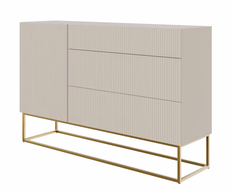 Selsey VELDIO - Credenza con 3 cassetti, grigio-beige taupe con struttura in metallo dorato, larghezza 140 cm
