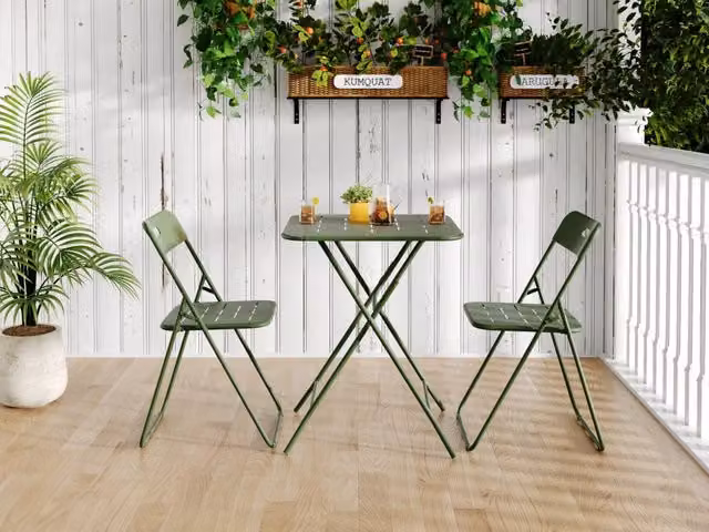Set bistrot da esterno pieghevole MODFU in acciaio verde composto da tavolo quadrato e 2 sedie – 1