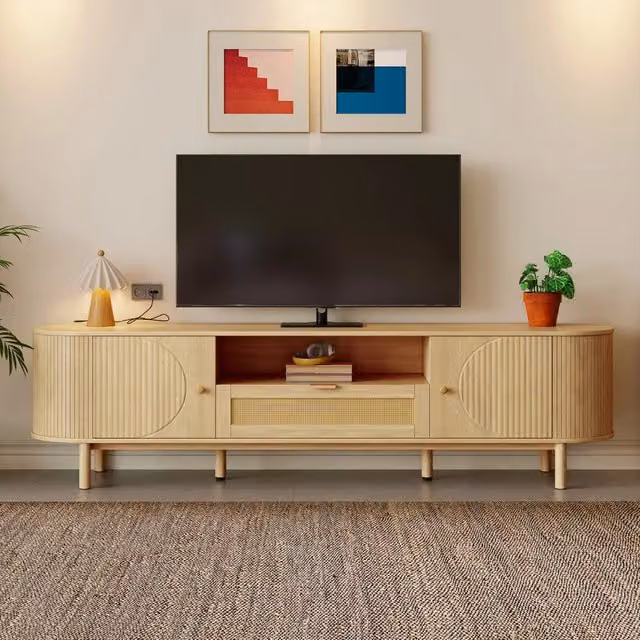 Mobile Porta TV Moderno 175 cm con Cassetti in Rattan; Design Curvo e Gambe in Metallo Effetto Legno; Colore Naturale