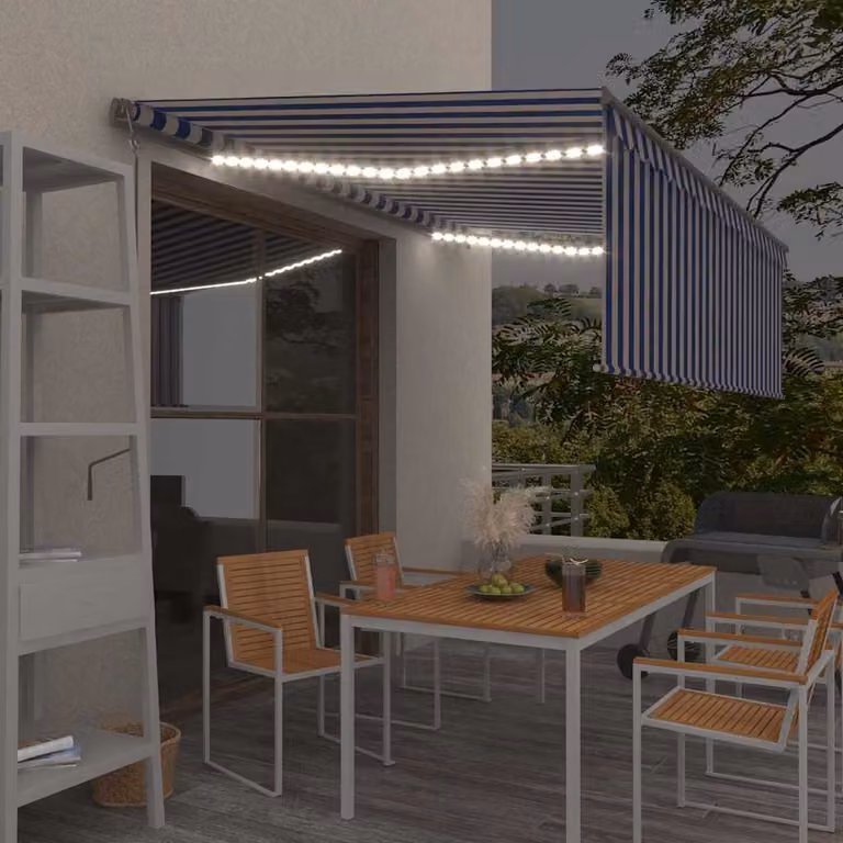 vidaXL Tenda Automatica Parasole con LED, Sensore Vento e Telecomando, Blu e Bianco, L: 4,5 m x P: 3 m