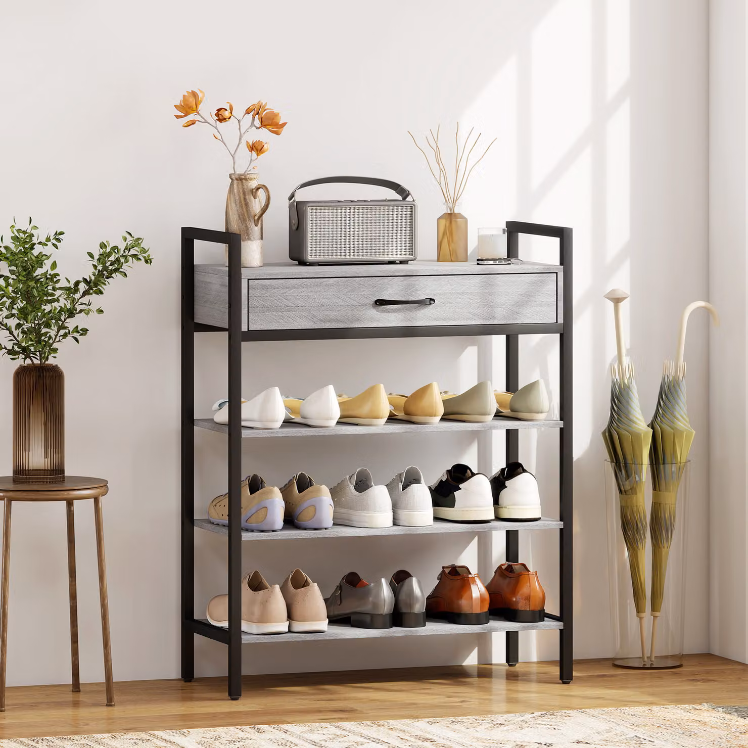 Porta scarpe HOMCOM a 4 livelli per ingresso, design moderno in metallo e truciolare, grigio – 2