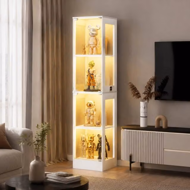 Vetrina in vetro 40x35x165 cm bianca, 4 ripiani, LED tricolore e sensore, MDF e vetro
