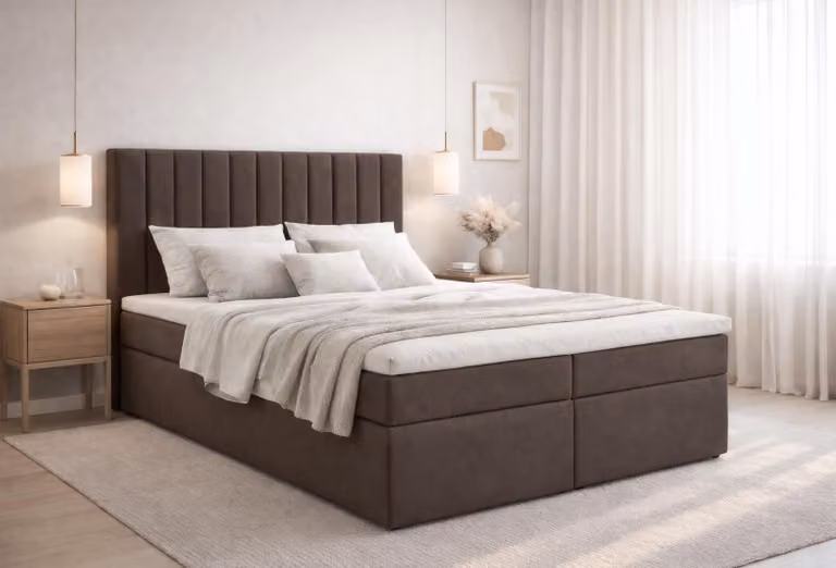 Letto boxspring AX LIVING Bursa 140x200 marrone con topper, contenitore e sistema comfort