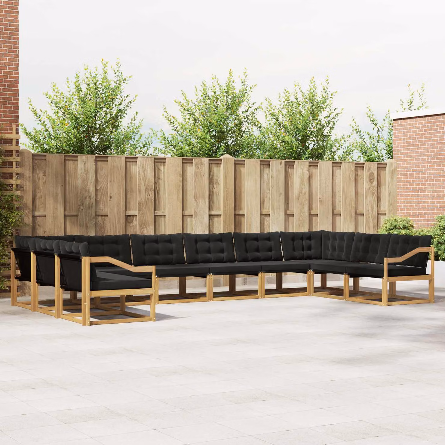 Set di divani da esterno vidaXL composto da 10 pezzi in legno di acacia con cuscini rimovibili bianco, nero e marrone