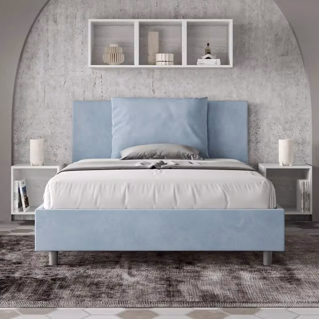 Letto contenitore imbottito Antea Ityhome in microfibra azzurro L: 150 cm, P: 190 cm
