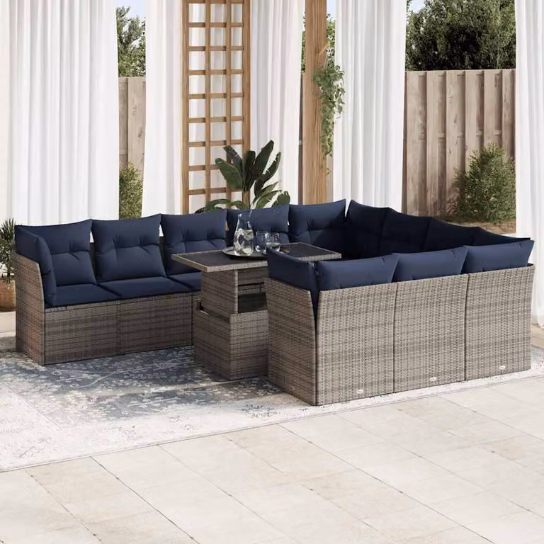 Set di divani da giardino vidaXL 11 pezzi in polyrattan e legno di acacia con cuscini blu e grigi per esterno