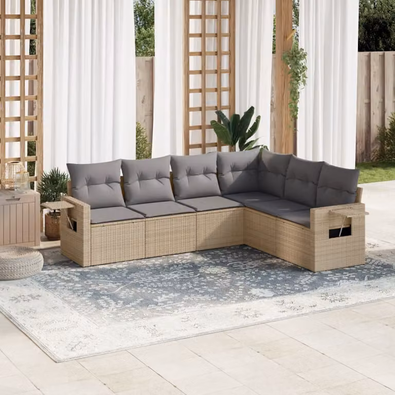 vidaXL Set Divano da Giardino a L 6 pz con Cuscini Beige e Tavolino in Polyrattan e Metallo