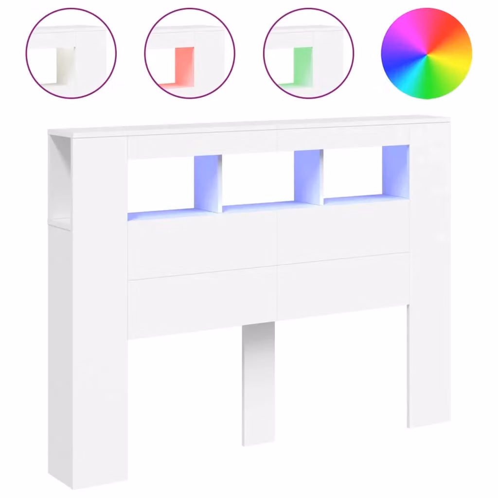 Testiera con Luci LED Design Mania Bianca in Legno Multistrato con Mensola e Porte USB L: 140 cm, P: 18,5 cm, H: 103,5 cm – 2