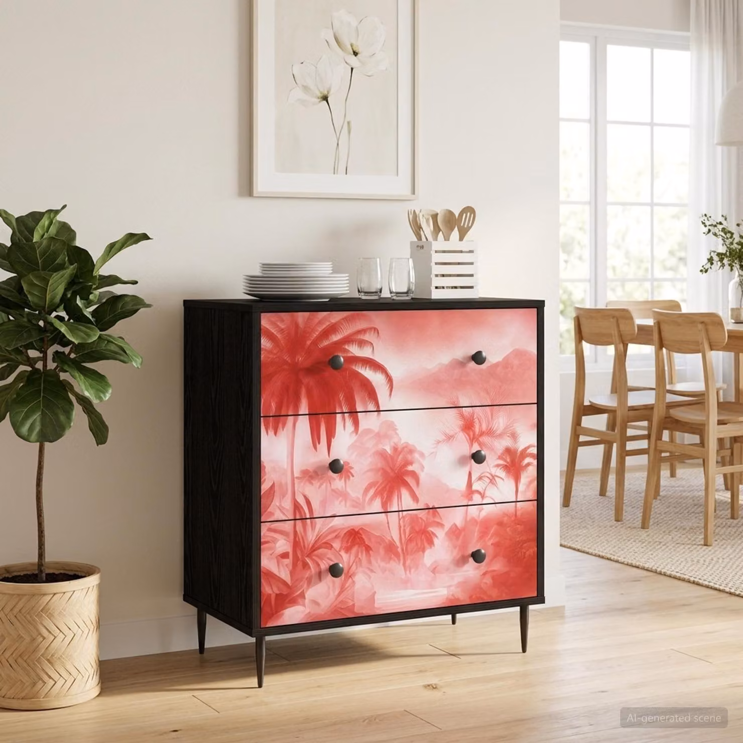 Cassettiera vidaXL AACHEN con stampa di palme rosa e nera, design moderno e floreale, L: 66 cm, P: 36,5 cm, H: 76 cm