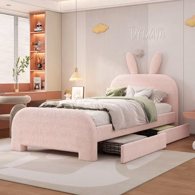 Letto Singolo Imbottito con Cassetti ¨C MINIMAL ¨C Rosa 90x200