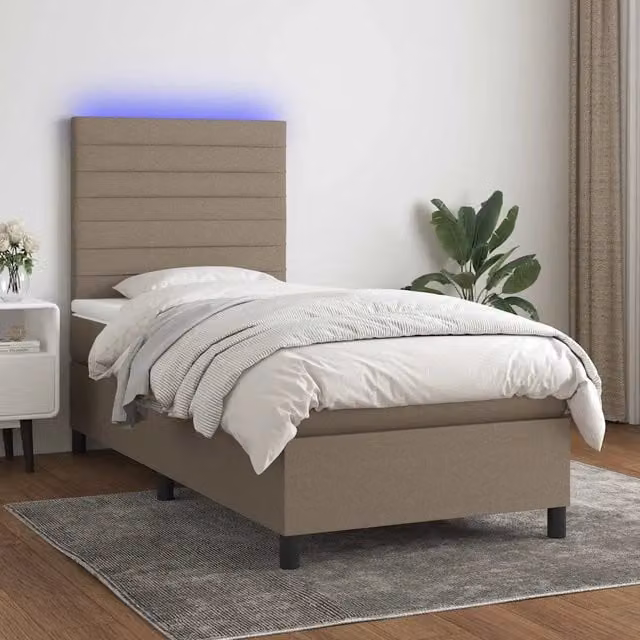 Letto a molle con materasso vidaXL con illuminazione LED e porta USB in tessuto beige e legno, L/P: 90 x 190 cm