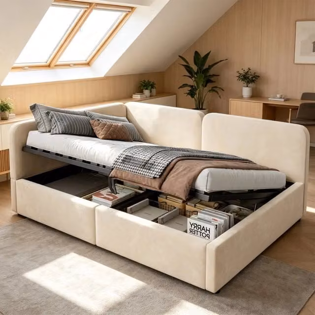 Letto contenitore a divano 140x200 cm; vano sotto la rete; schienale reversibile; rivestimento in velluto beige