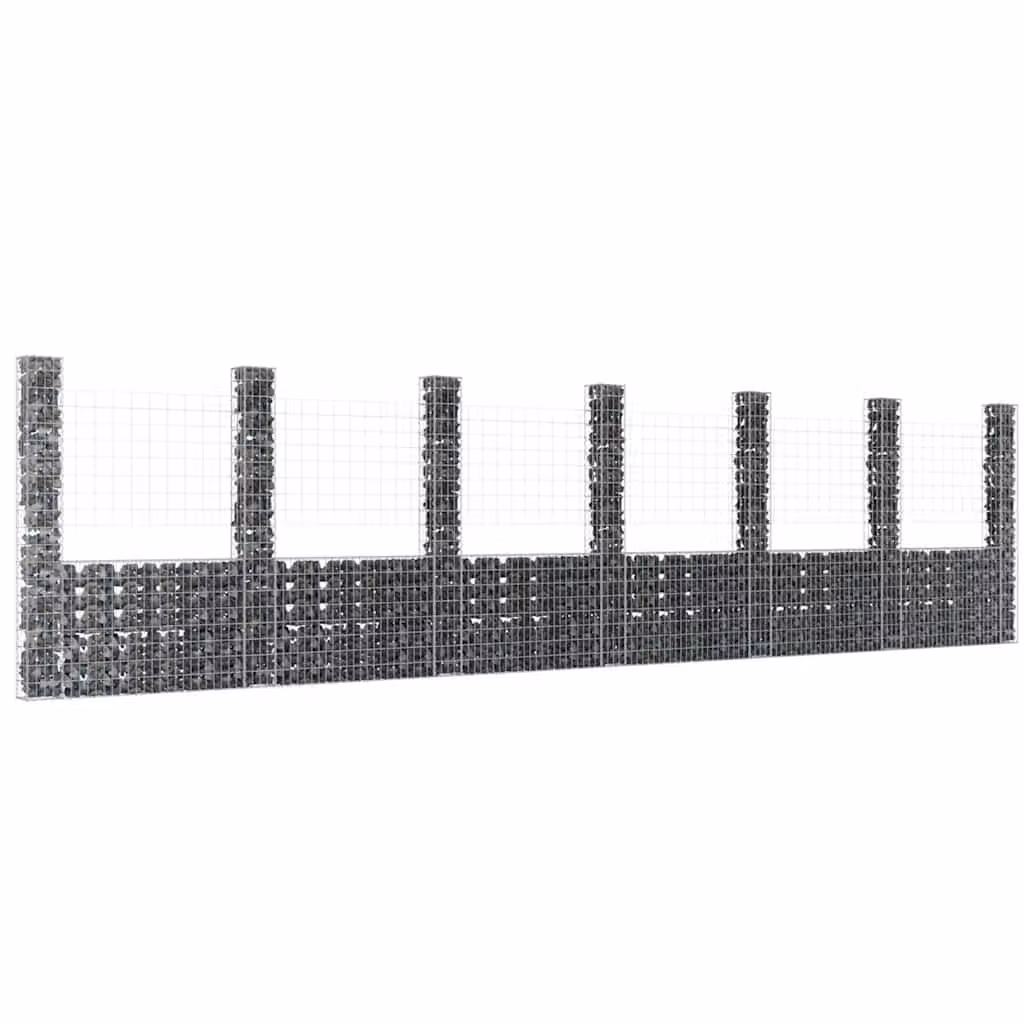 vidaXL Gabbione a U in metallo grigio con 7 pali in ferro L: 740 cm, P: 20 cm, H: 200 cm