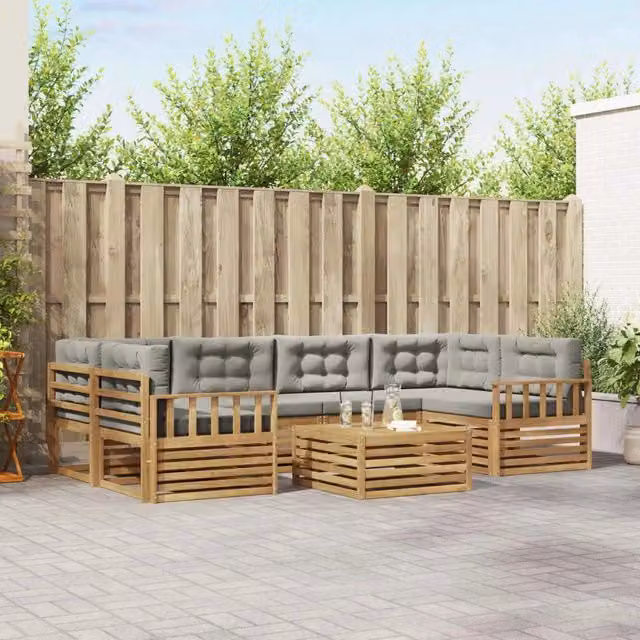 Set di divani da esterno 7 pezzi vidaXL in legno di acacia con cuscini Bianco e Grigio – 1
