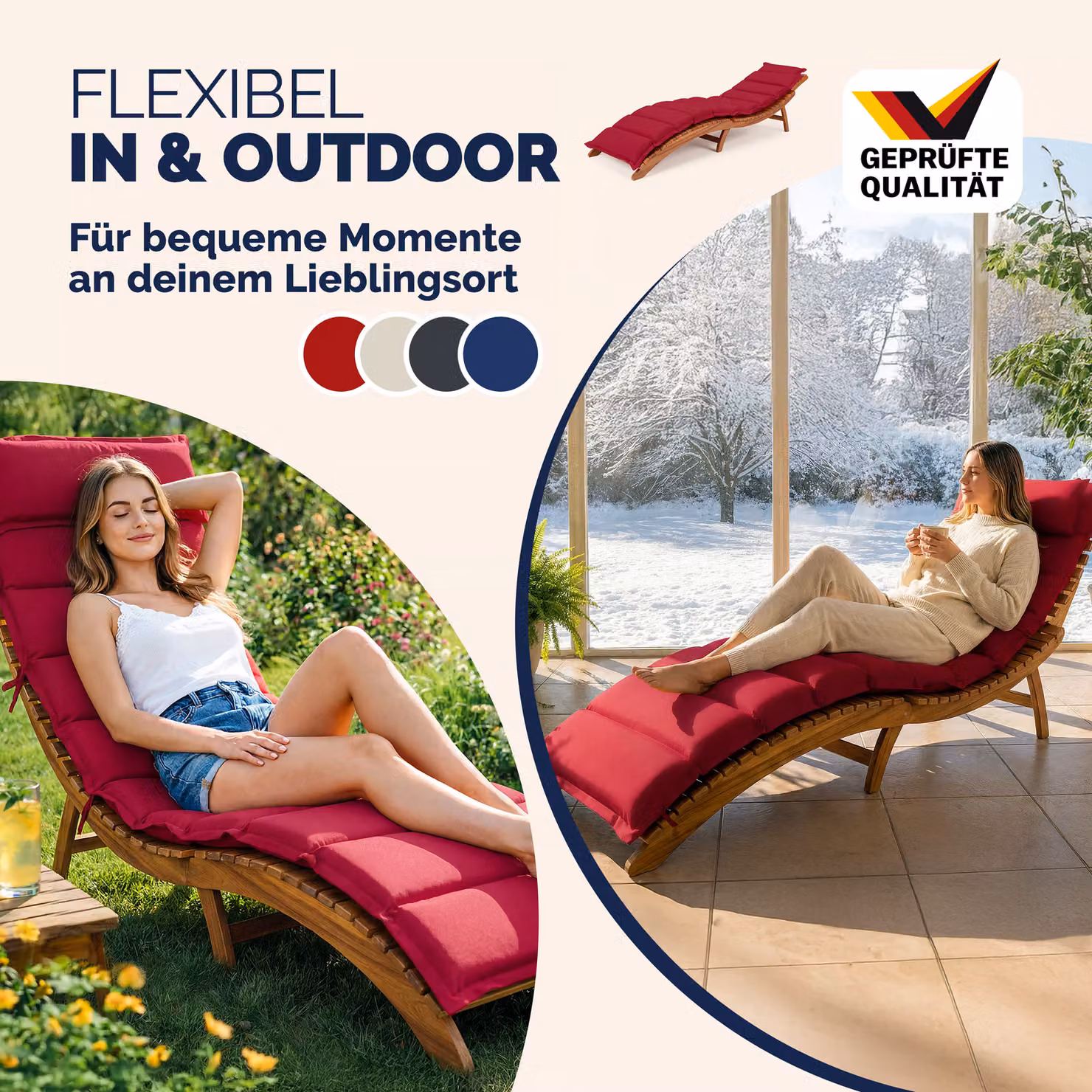 Cuscino per sdraio rosso in poliestere idrorepellente L: 183 cm, P: 56 cm, H: 7 cm – 4