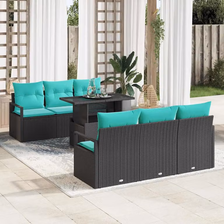Set Divano da Giardino vidaXL 7 Pezzi a Forma di U con Tavolino, Colore Nero e Blu
