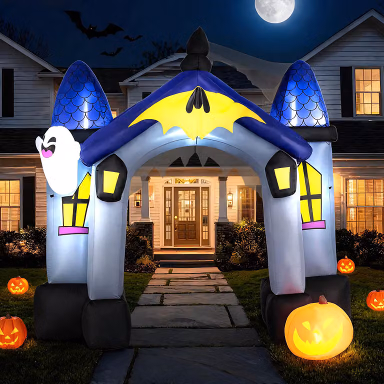 Costway Castello decorativo decorazione spettrale da esterno con picchetti e corde antivento, Gonfiabile halloween gigante e alto con luci