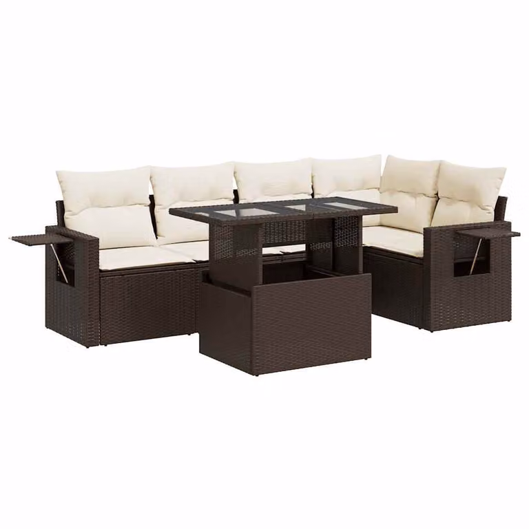 Set Divano da Giardino 6 pz con Cuscini Marrone in Polyrattan