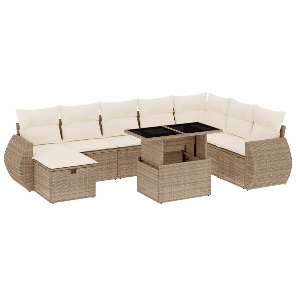 Set Divano da Giardino 9 pz con Cuscini Beige in Polyrattan