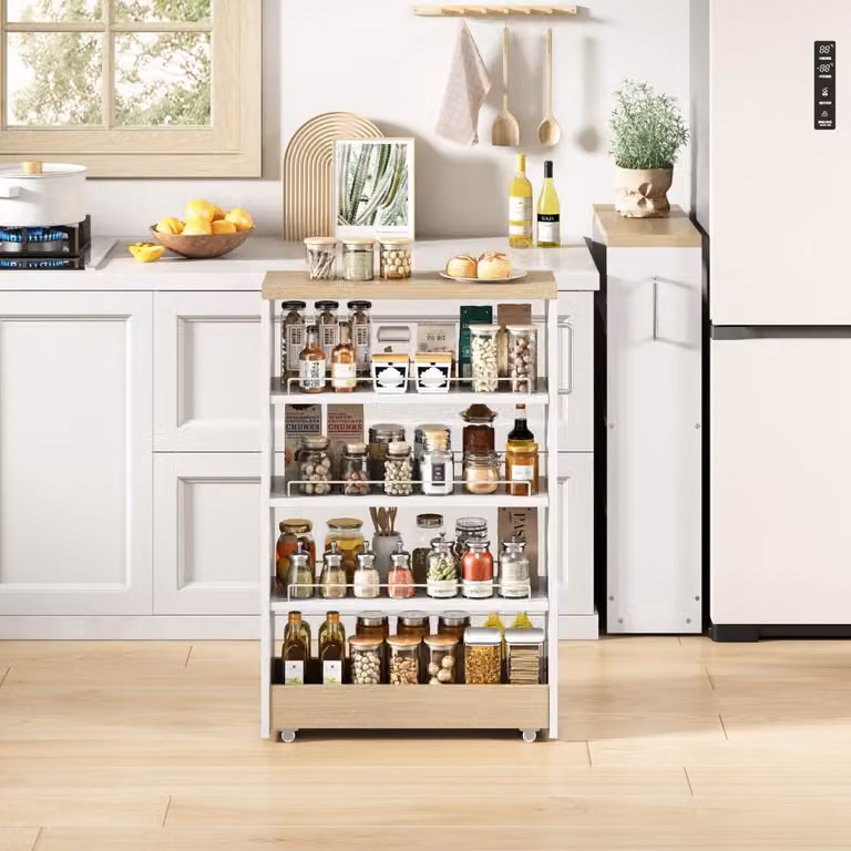 Slim Storage Cart, carrello portaroglie snello, mobile da cucina largo 16 cm con 4 ripiani regolabili, bianco effetto legno, 55x16x85 cm, per cucina e bagno