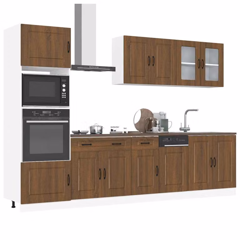 Set di mobili da cucina moderno vidaXL Kalmar composto da 7 pezzi in colore marrone con ante in vetro e ripiani interni