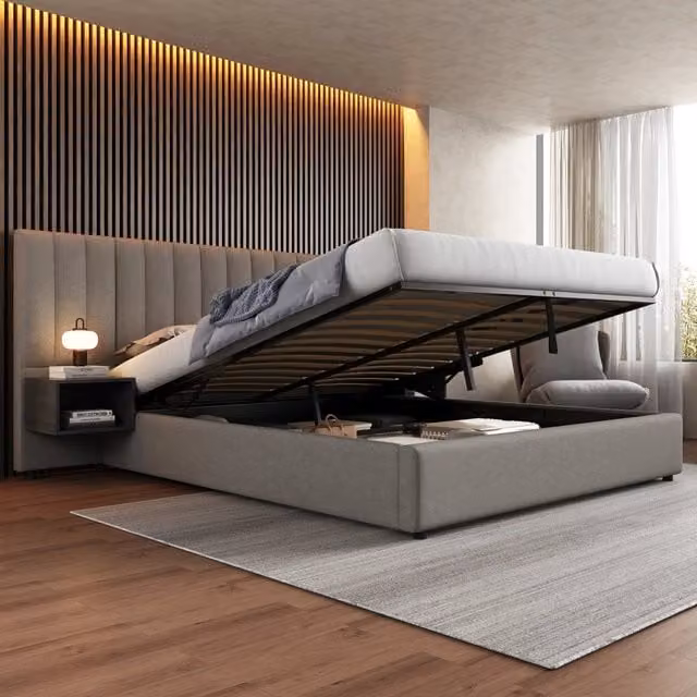Letto imbottito WISHDOR con contenitore idraulico e 2 comodini, rete a doghe in legno, colore grigio e nero, L/P: 180 x 200 cm