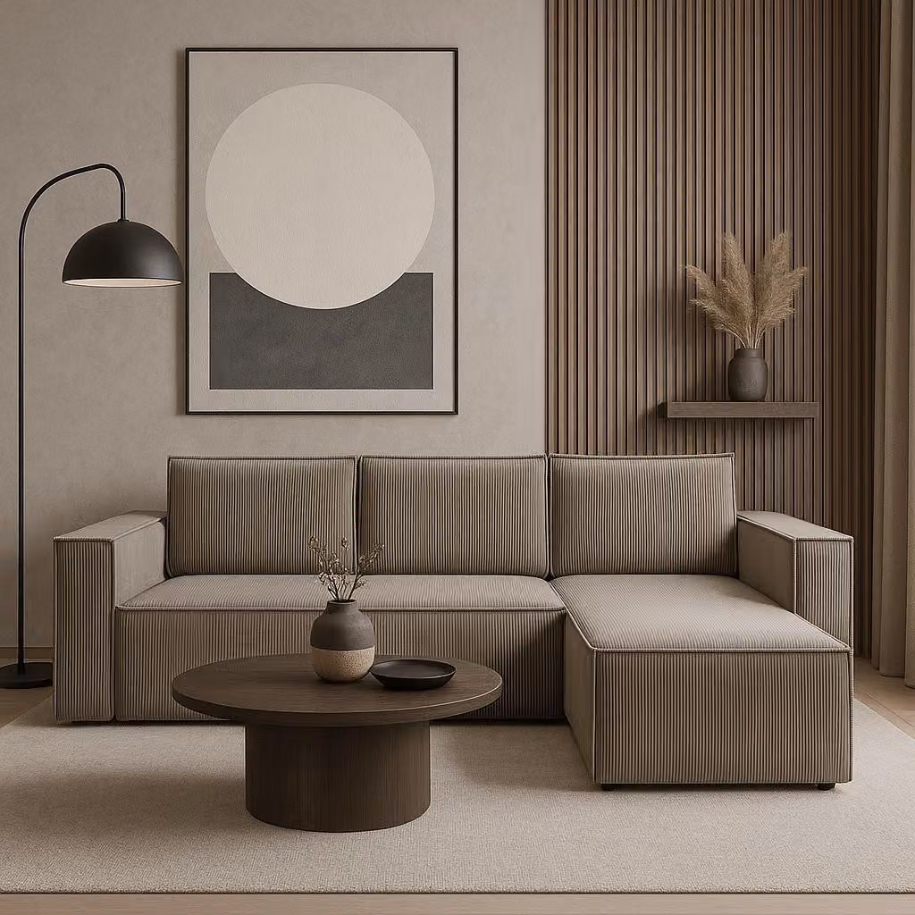 Divano angolare GUTTO CORDA BEIGE in tessuto a coste con funzione sleep - design moderno in colori di tendenza