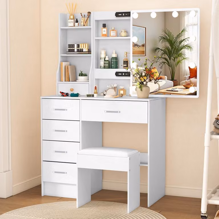 Comò da trucco con illuminazione, specchio scorrevole, 6 cassetti, 6 ripiani, sgabello, colore bianco, dimensioni 36x80x131 cm