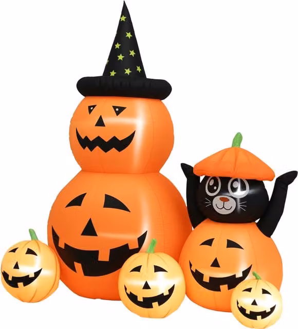 Decorazione gonfiabile di Halloween Outsunny con zucca e gatto, luci LED IP44 e gonfiatore, Arancione, L 100 cm x P 160 cm x H 180 cm – 1