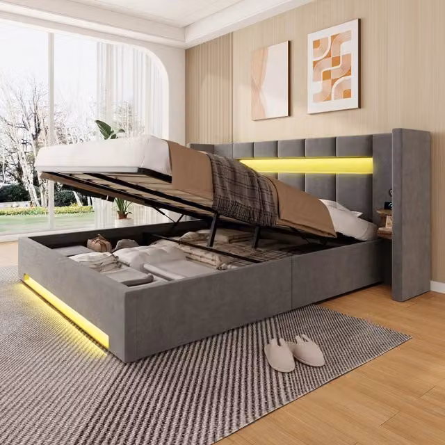 Letto matrimoniale 160 × 200 cm con vano idraulico, LED, USB e armadietti, senza materasso, velluto grigio scuro