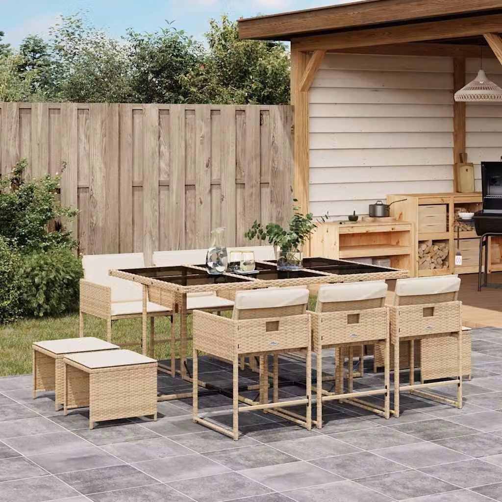 vidaXL Set da Pranzo da Giardino 11 pz in Polyrattan con Cuscini Beige e Piano in Vetro – 1
