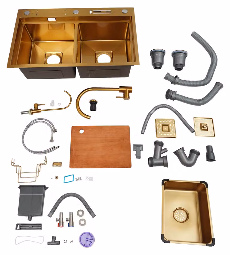 Lavello da cucina - Set composto da due elementi - Doppia vasca - Acciaio inossidabile - Rivestimento nanotecnologico - Con miscelatore - Forma rettangolare