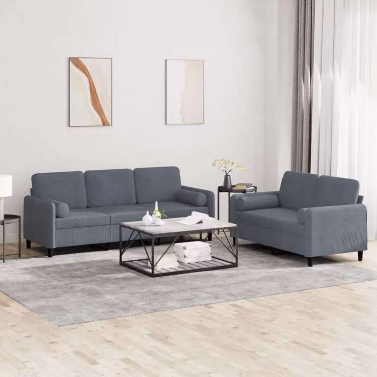 Set di 2 Divani vidaXL in Velluto Grigio con Cuscini per Soggiorno Moderno