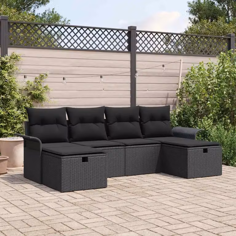 Set Divano da Giardino vidaXL 6 Pezzi a Forma di L in Rattan con Cuscini Grigio e Nero