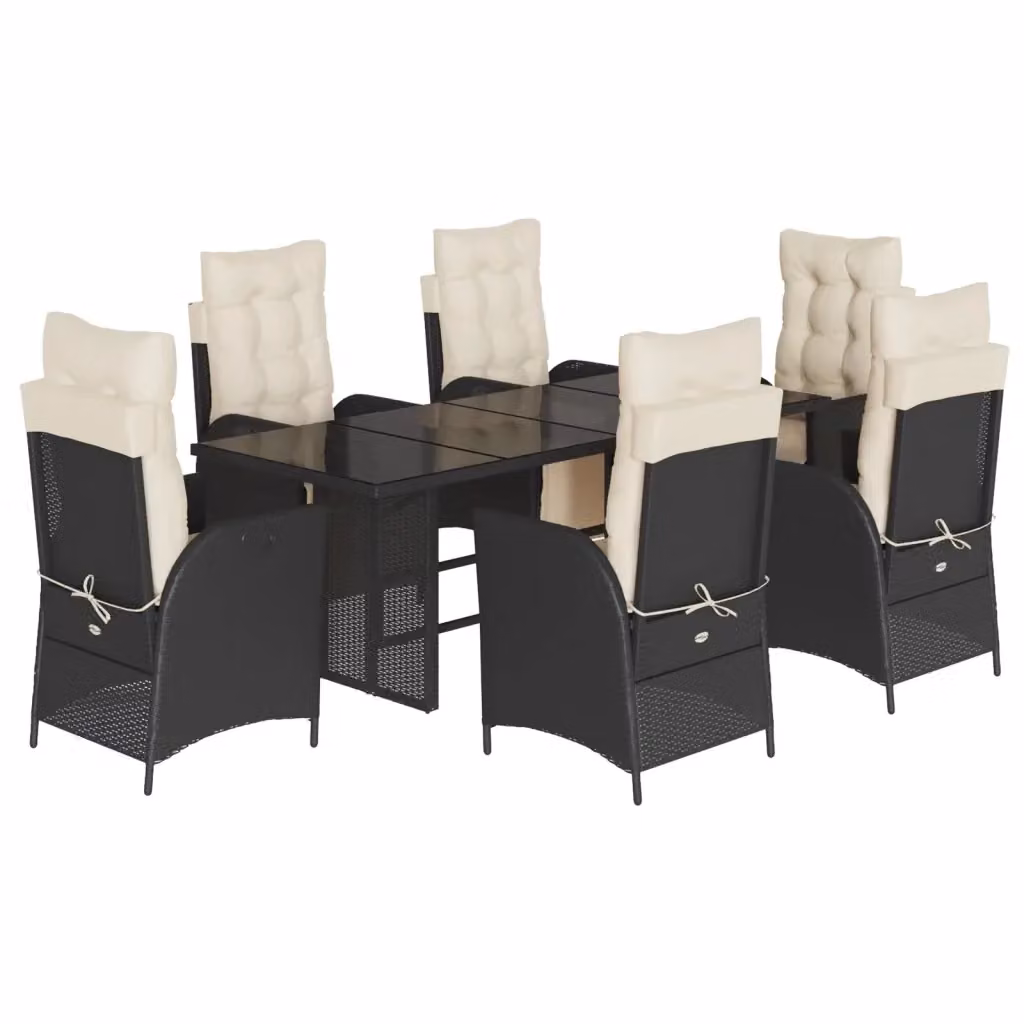 Set da Pranzo da Giardino vidaXL in Polyrattan Nero con Cuscini e Tavolo in Vetro, 7 pz – 2