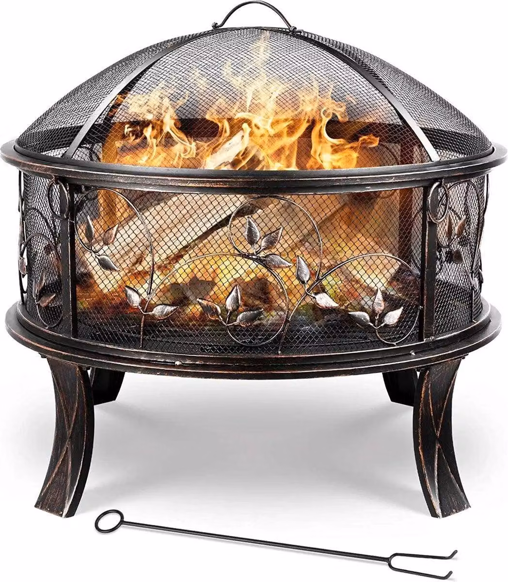 Braciere da esterno, 71 cm. Cesto per il fuoco con griglia protettiva per le scintille, attizzatoio e griglia per il carbone. Ideale per riscaldamento, barbecue e uso in giardino