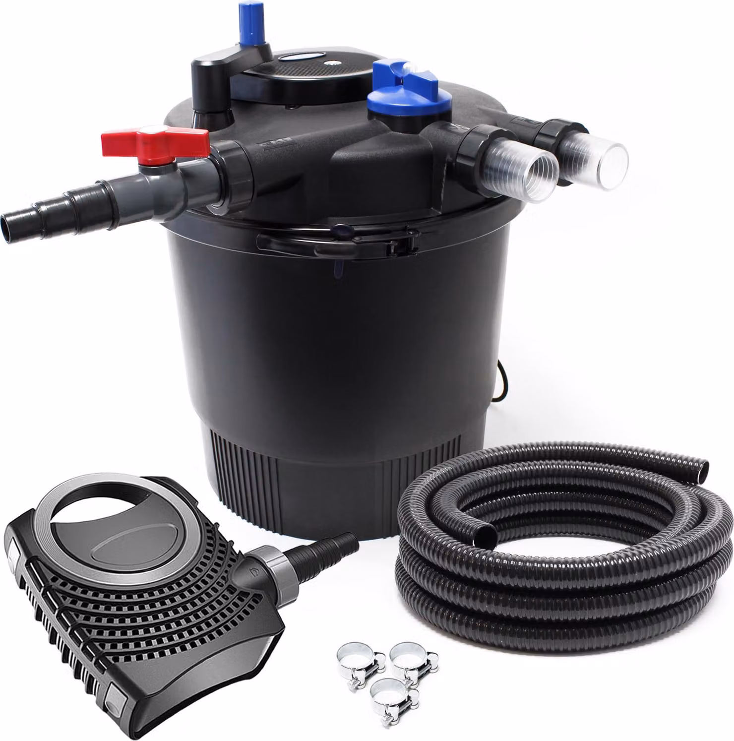 Set completo SunSun: filtro a pressione per laghetti CPF-20000 fino a 10000 L con chiarificatore UV-C da 11 watt, pompa per laghetti NEO10000 SuperECO da 10000l/h 80W, tubo da 10 m per laghetti da 38 mm (1 1/2"), fascette stringitubo W1 44-47mm