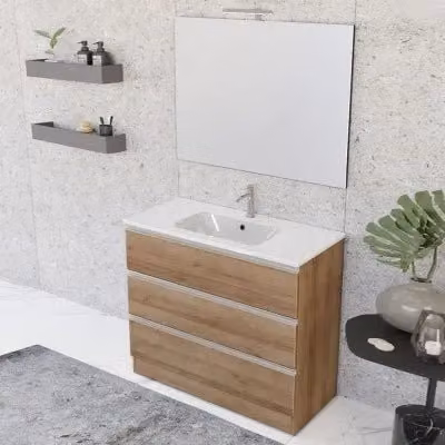 Mobile bagno Master in rovere miele con lavabo e specchio con illuminazione LED, Larghezza: 100 cm