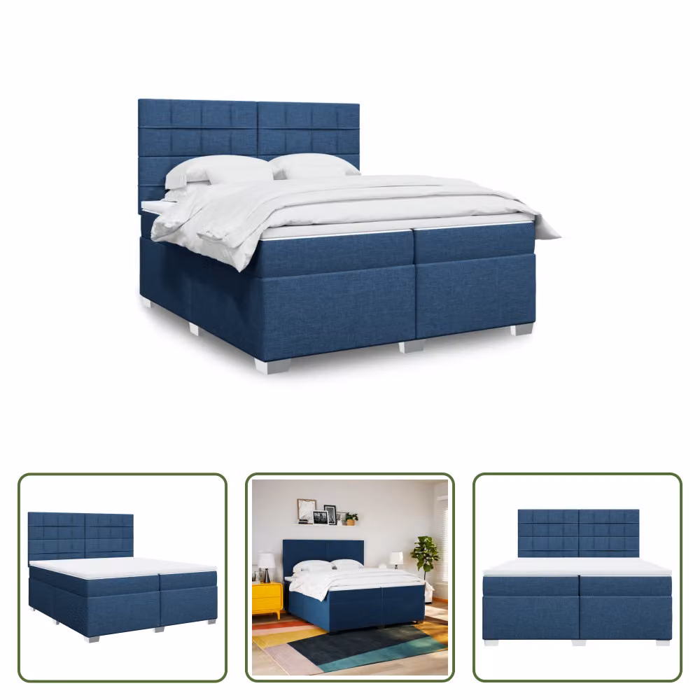 The Living Store Letto a molle con materasso blu 200x200 cm in tessuto