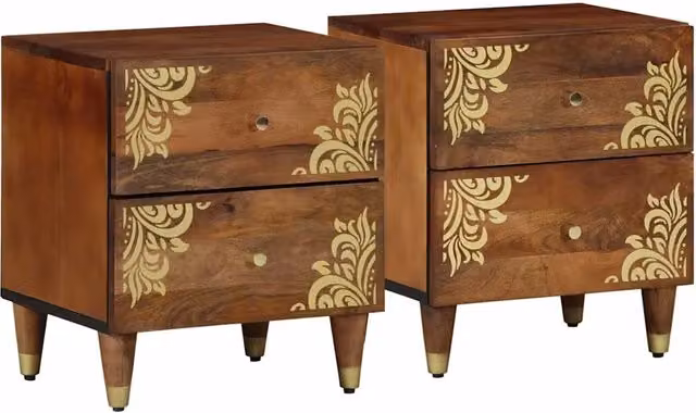 Set di 2 Armadi da Notte vidaXL in Legno di Mango Colore Marrone e Oro L/P/H: 40 x 33 x 46 cm