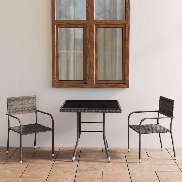 Set da pranzo per giardino vidaXL in 3 pezzi in polyrattan con piano in vetro, colore antracite e grigio