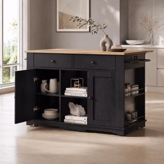 Isola da cucina pieghevole con prese; 2 cassetti e 6 vani; MDF e metallo; nero/naturale