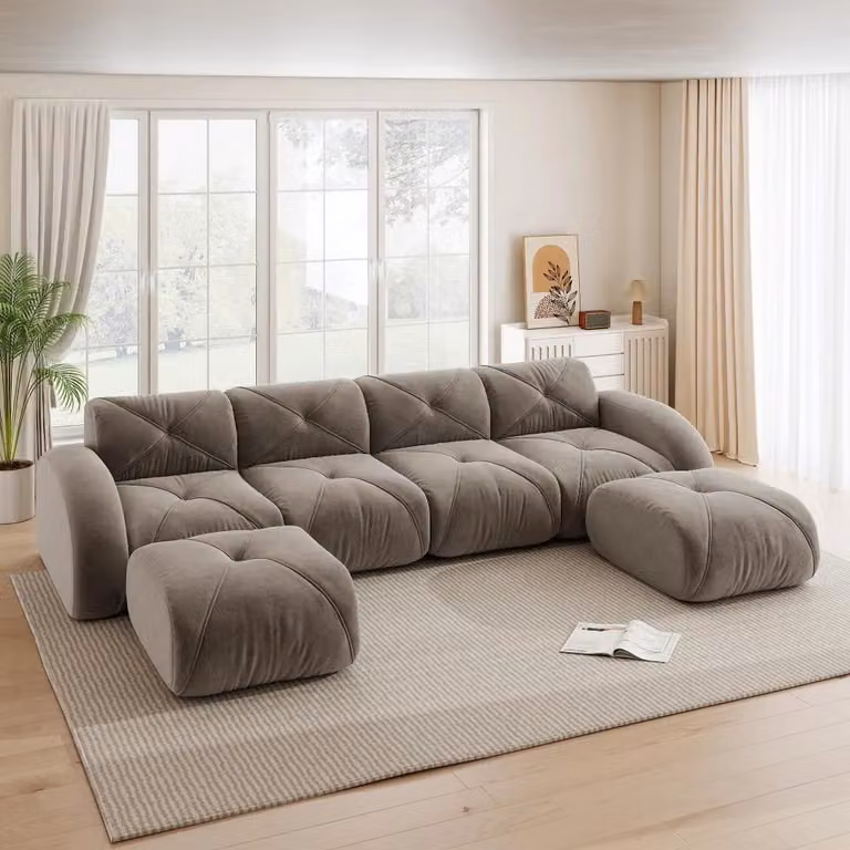 Divano modulare a forma di U - Divano per soggiorno - 4 posti - 2 poggiapiedi - Tessuto in chenille - Stile moderno - Assemblaggio richiesto - Colore tortora