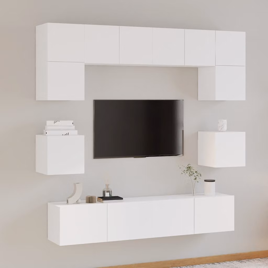 Set di mobili porta TV vidaXL da 8 pezzi in legno multistrato bianco per soggiorno con montaggio a parete – 1