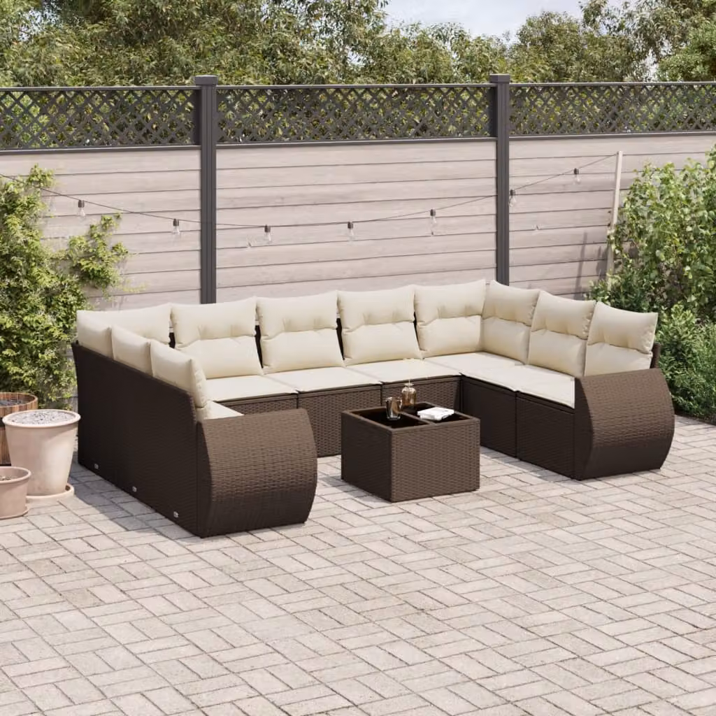 vidaXL Set Divani da Giardino 10 Pezzi a Forma di U con Cuscini Marrone e Bianco in Polyrattan e Acciaio – 1