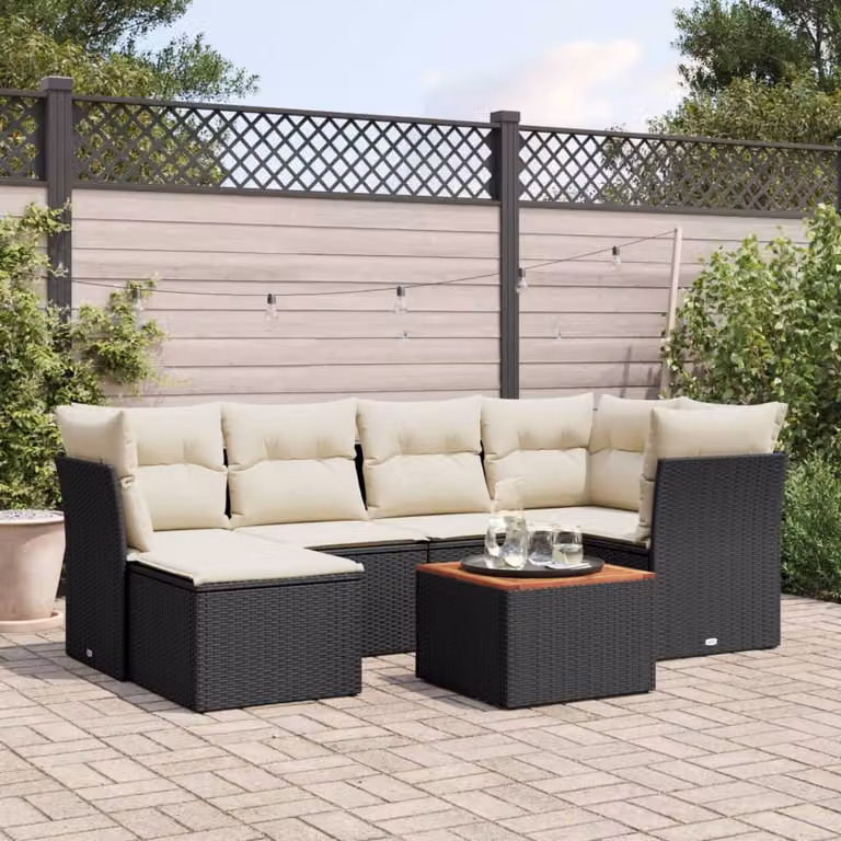 vidaXL Set Divani da Giardino a L con Cuscini 7pz in Polyrattan Nero e Bianco